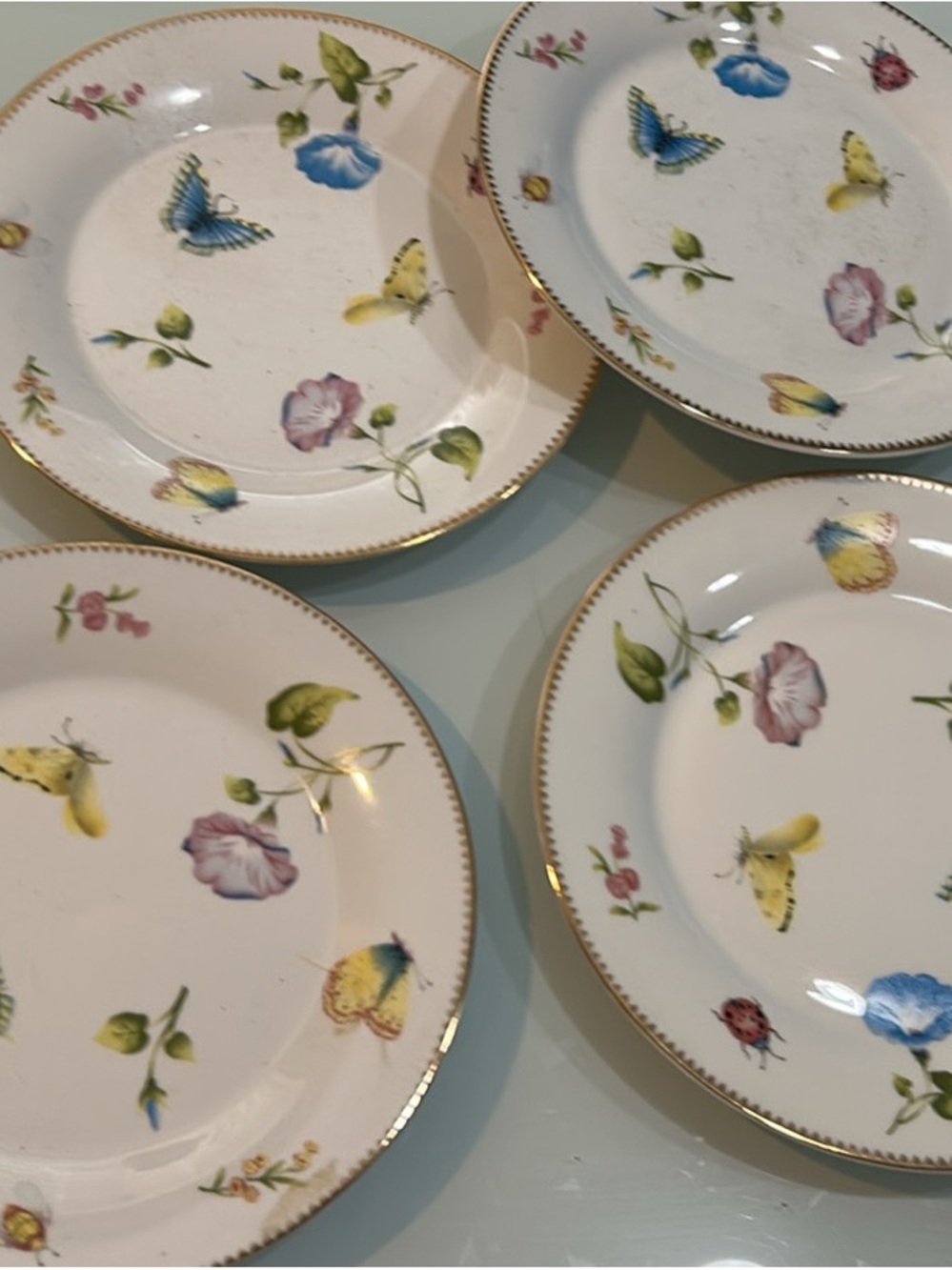 Set of 4 I. Godinger  Plates with Butterfly lady bug Floral Motif